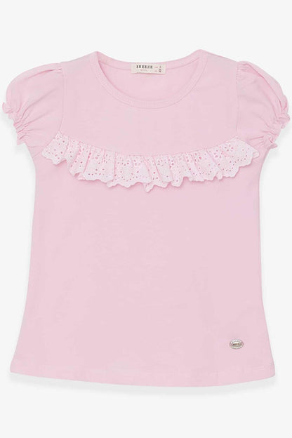 Girl's T-Shirt with Laced Sleeves, Powder (Ages 3-8)