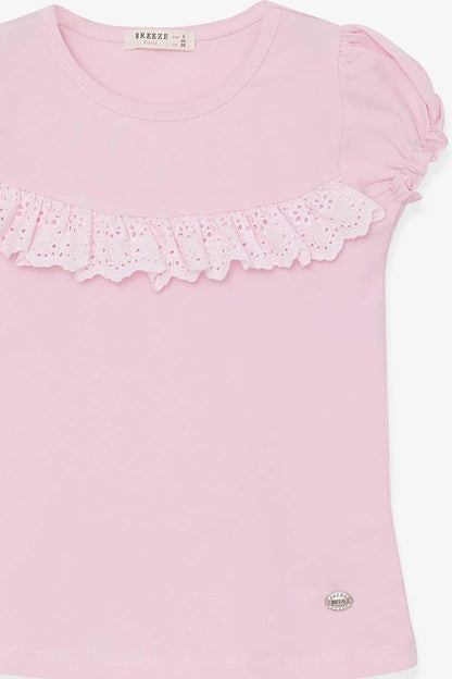 Girl's T-Shirt with Laced Sleeves, Powder (Ages 3-8)