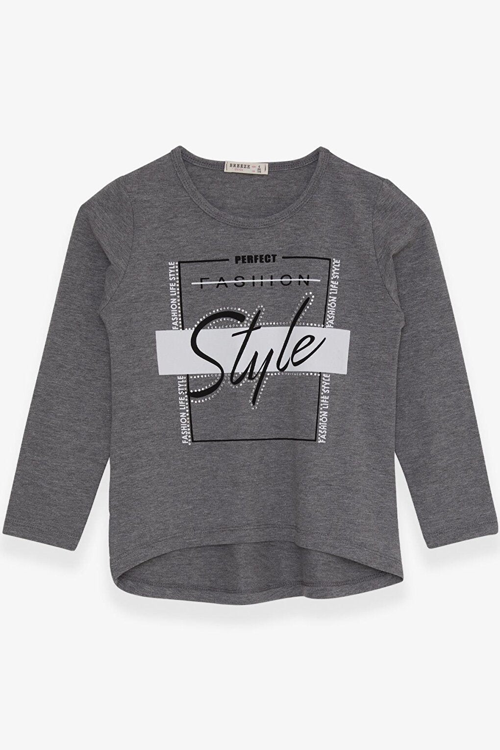 Girl's Long Sleeve T-Shirt Stone Printed Dark Gray Melange (6-12 Years)