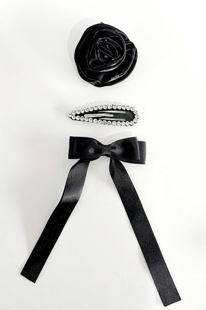 Francoeur Black Flower Bow and Crystal Hairpin Set