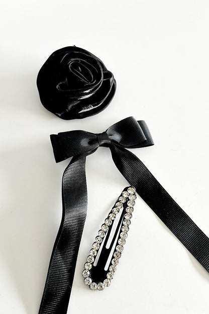 Francoeur Black Flower Bow and Crystal Hairpin Set