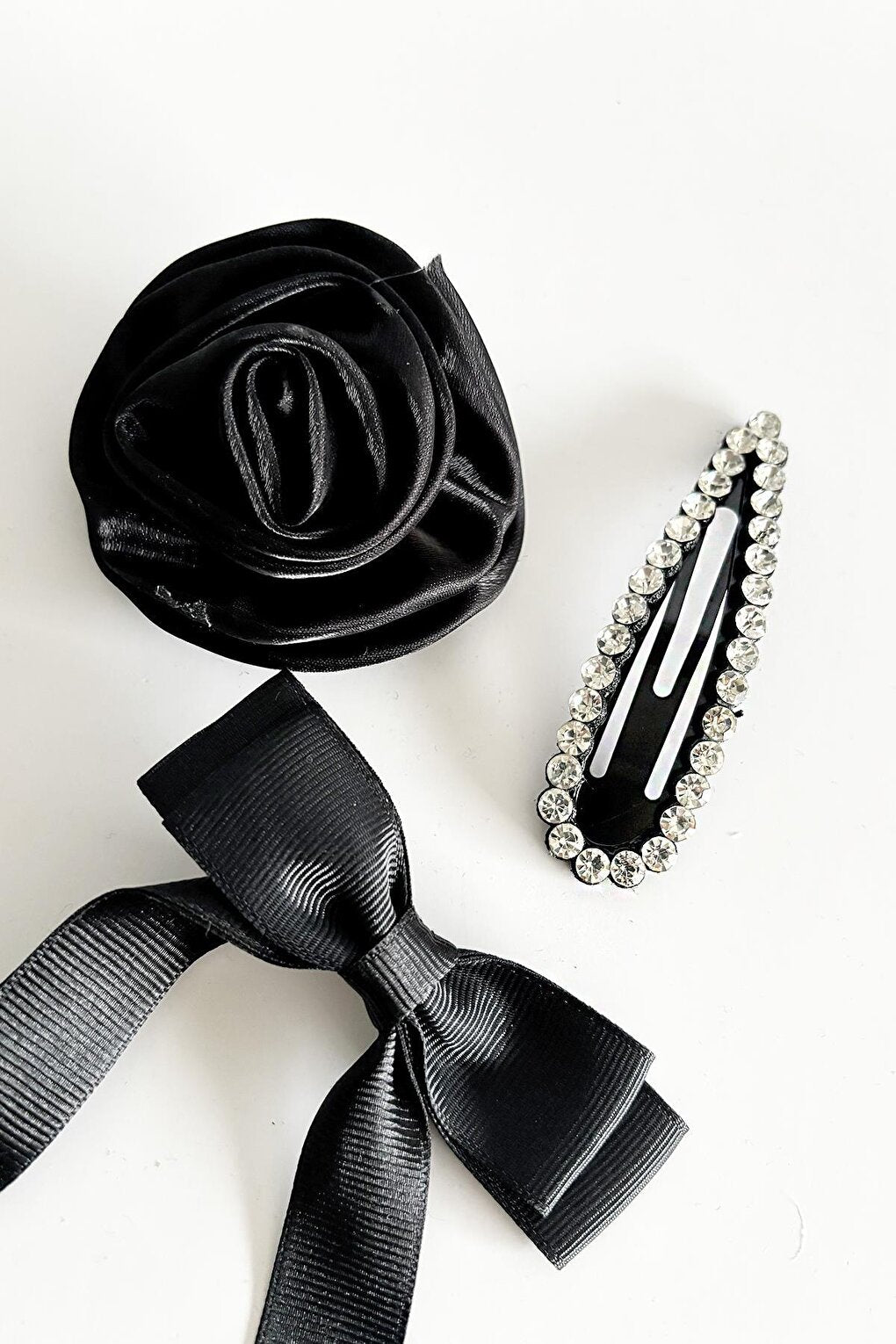 Francoeur Black Flower Bow and Crystal Hairpin Set