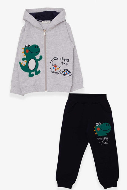 Boy's Tracksuit Set Happy Dinosaur Printed Light Gray Melange (Age 2-3)