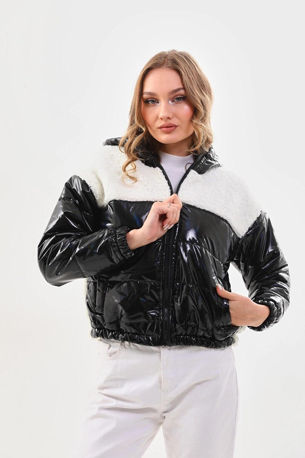 Women's White Black Patent Leather Zippered Inside Lined Elastic Waist Crop Plush Jacket Puffer Coat