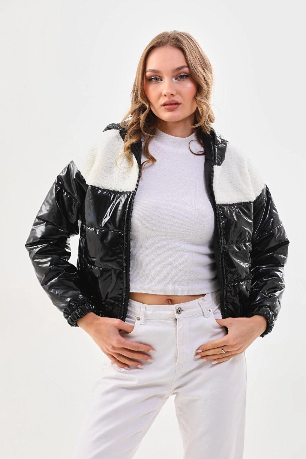 Women's White Black Patent Leather Zippered Inside Lined Elastic Waist Crop Plush Jacket Puffer Coat