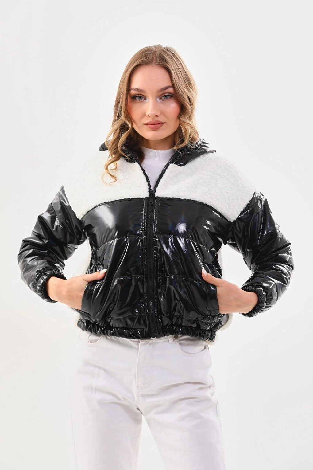 Women's White Black Patent Leather Zippered Inside Lined Elastic Waist Crop Plush Jacket Puffer Coat