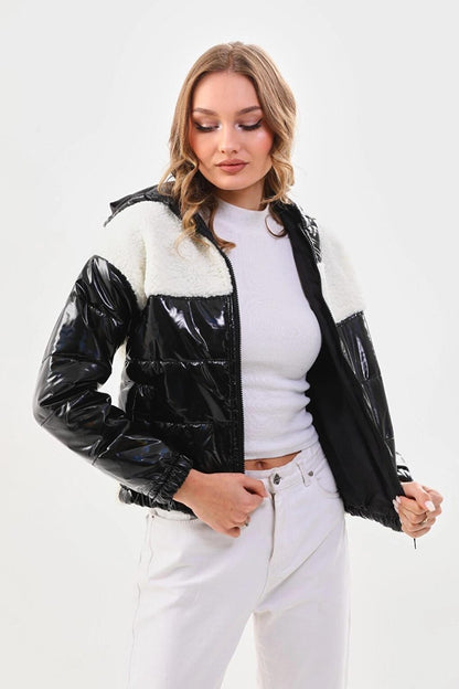 Women's White Black Patent Leather Zippered Inside Lined Elastic Waist Crop Plush Jacket Puffer Coat