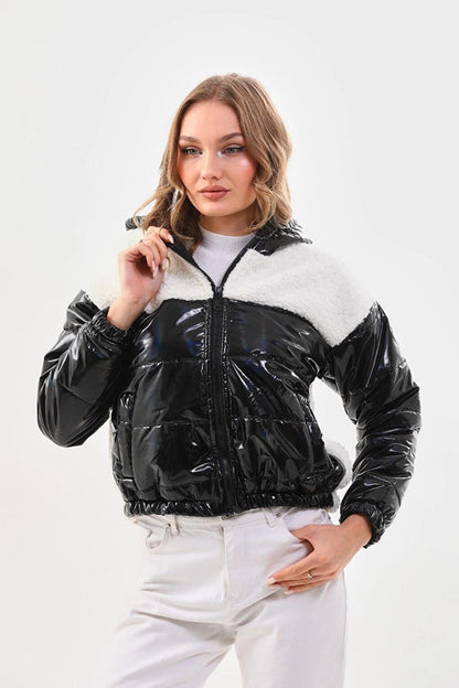 Women's White Black Patent Leather Zippered Inside Lined Elastic Waist Crop Plush Jacket Puffer Coat