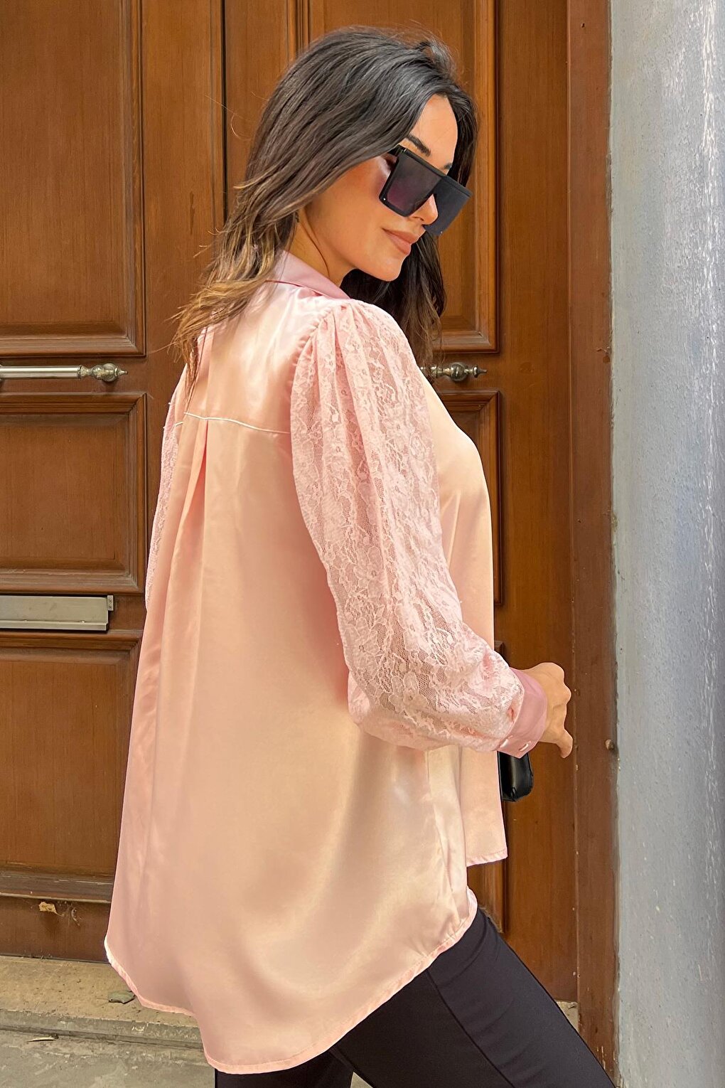 Rose Gold Satin Shirt with Lace Detail on the Sleeve