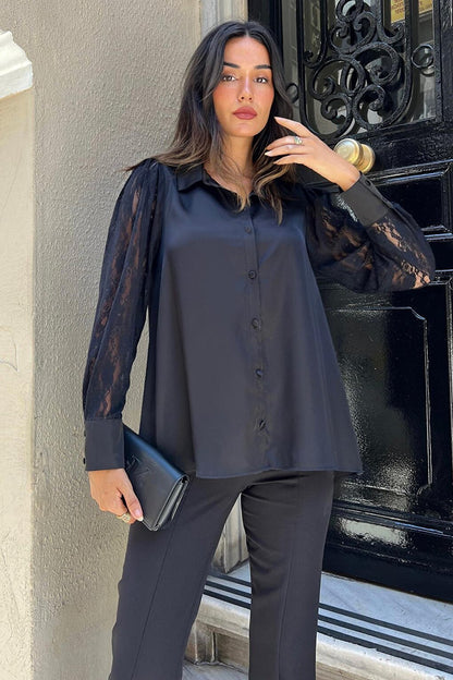 Black Satin Shirt with Lace Detail on the Sleeve