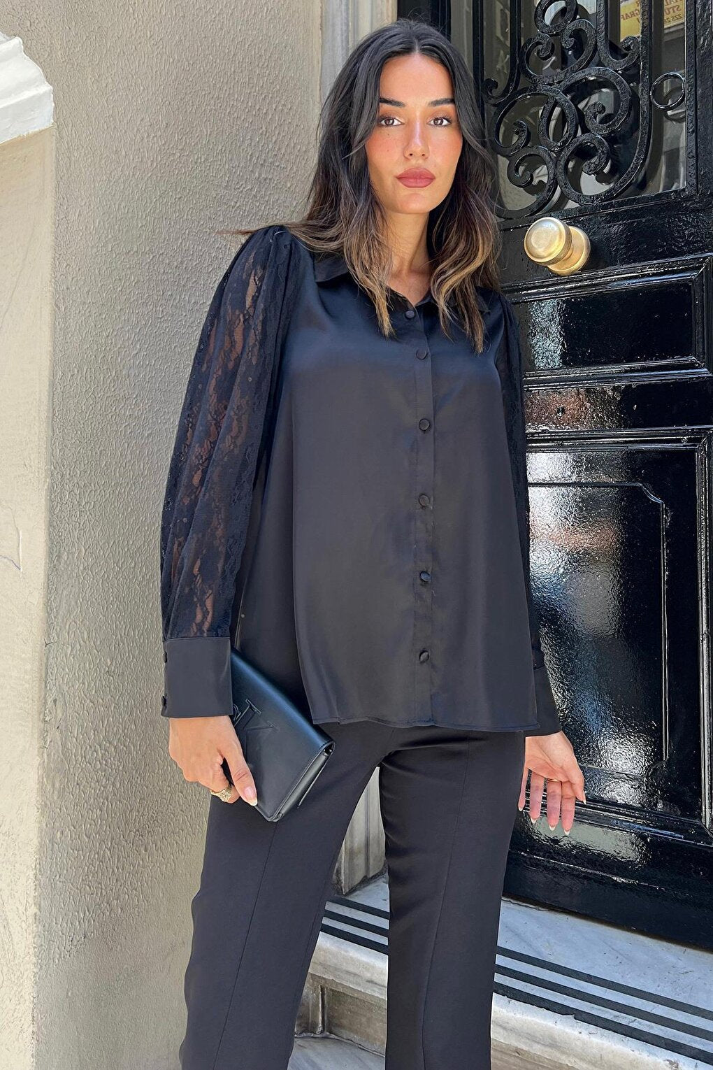 Black Satin Shirt with Lace Detail on the Sleeve