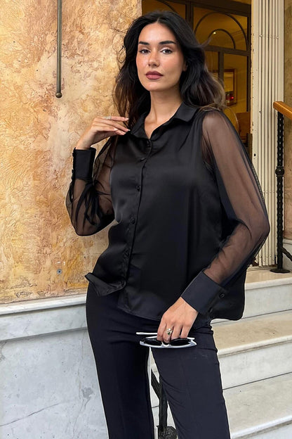 Black Satin Shirt with Tulle Sleeve Detail