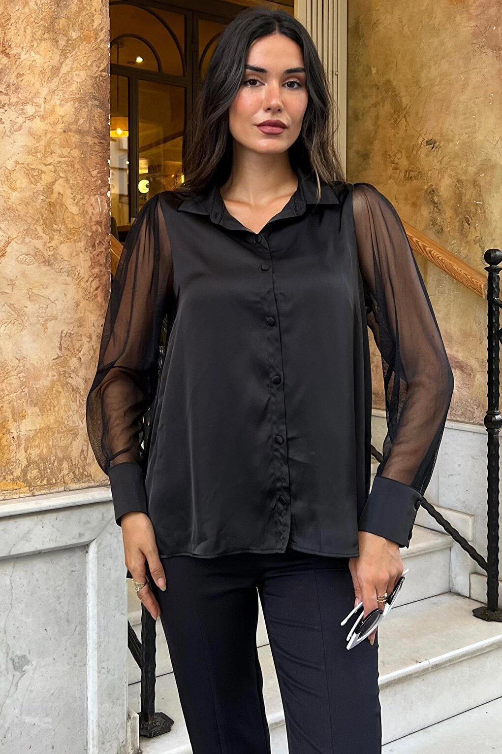 Black Satin Shirt with Tulle Sleeve Detail