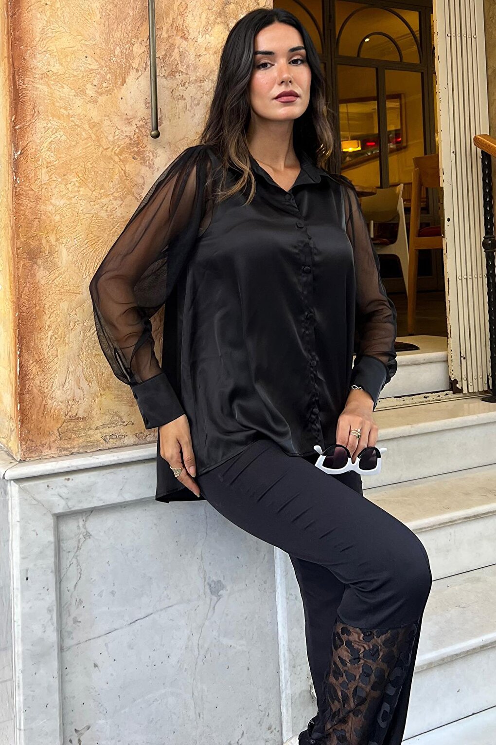 Black Satin Shirt with Tulle Sleeve Detail