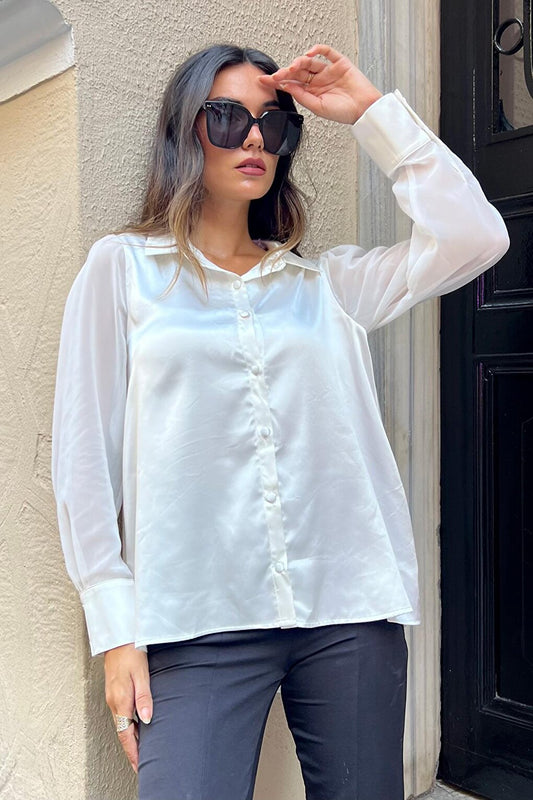 White Satin Shirt with Chiffon Sleeve Detail