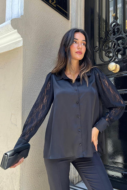 Black Satin Shirt with Lace Detail on the Sleeve