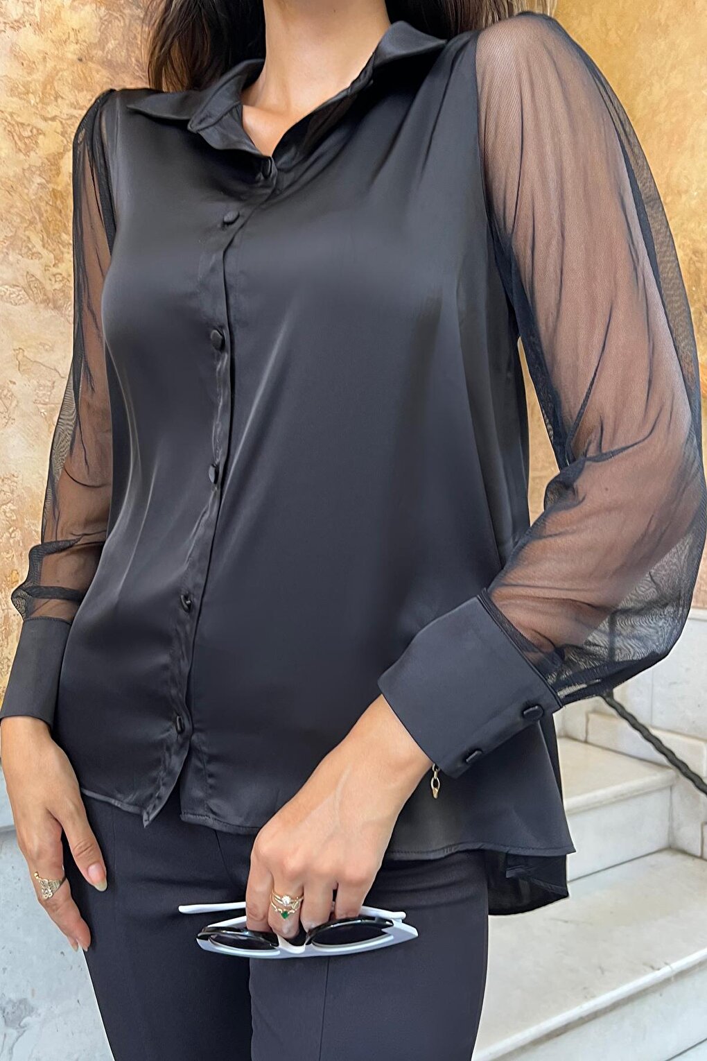 Black Satin Shirt with Tulle Sleeve Detail