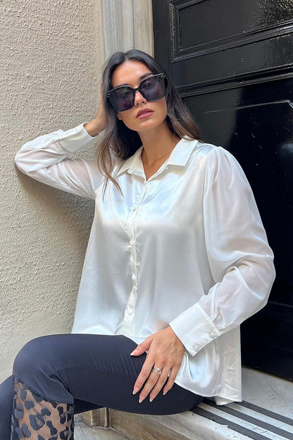 White Satin Shirt with Chiffon Sleeve Detail