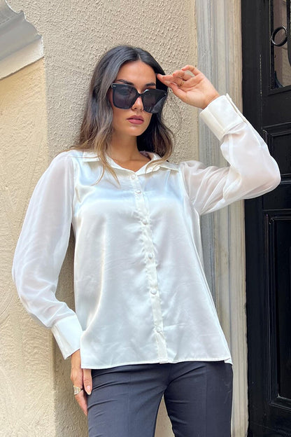 White Satin Shirt with Chiffon Sleeve Detail