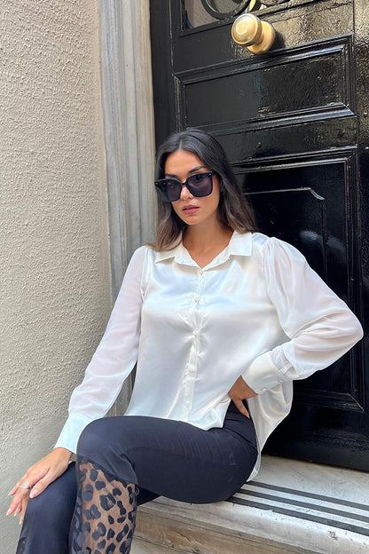 White Satin Shirt with Chiffon Sleeve Detail