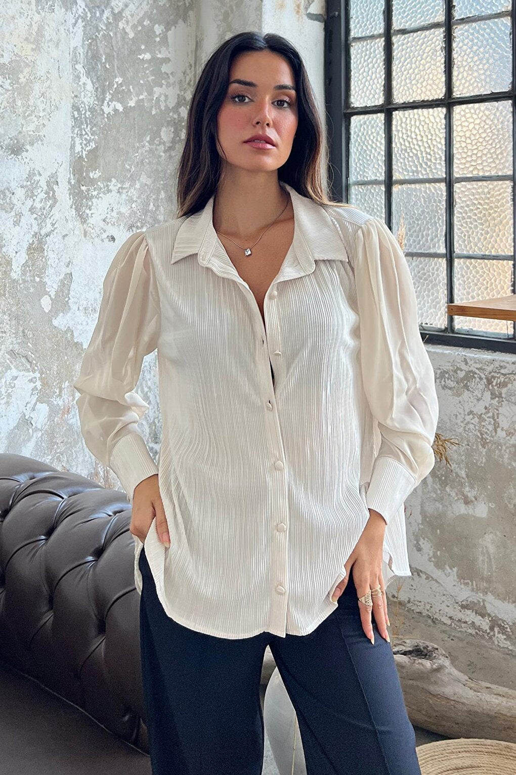 Pleated Sleeve Chiffon Detail Stone Satin Shirt