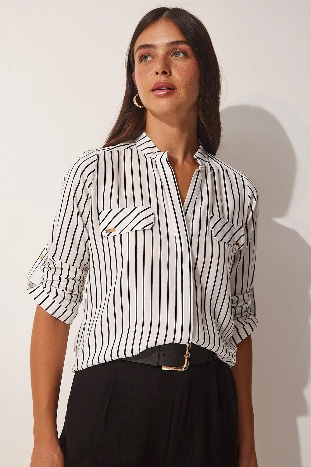 Women's White Collar Epaulette Striped Shirt