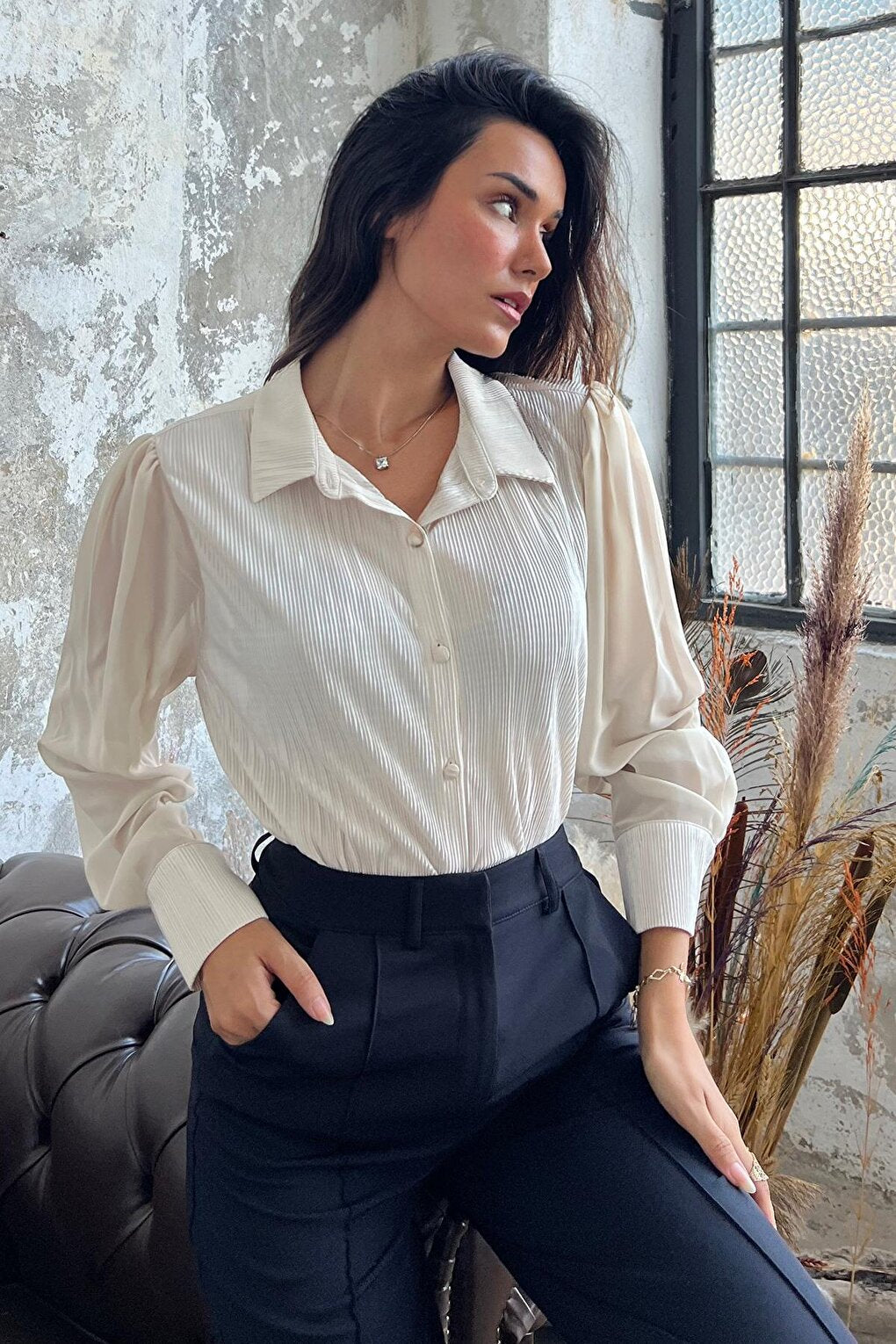 Pleated Sleeve Chiffon Detail Stone Satin Shirt