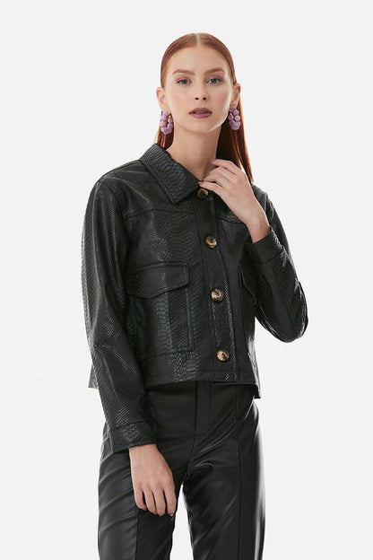 Faux Leather Jacket with Large Pockets