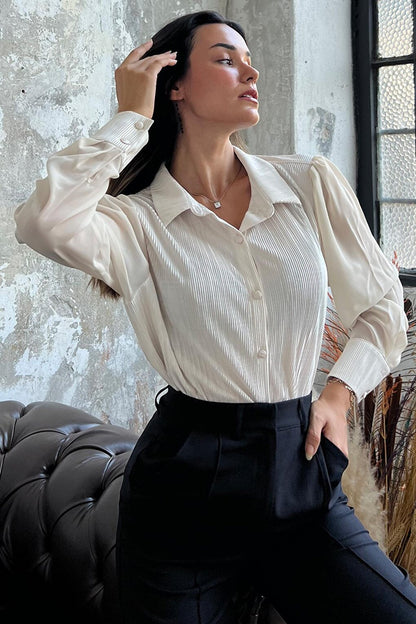 Pleated Sleeve Chiffon Detail Stone Satin Shirt