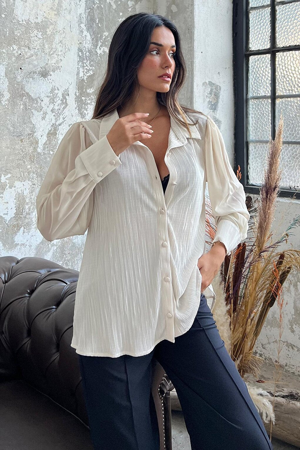 Pleated Sleeve Chiffon Detail Stone Satin Shirt