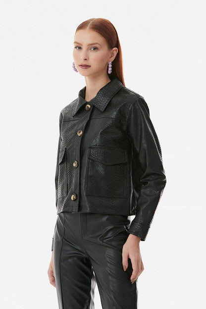 Faux Leather Jacket with Large Pockets