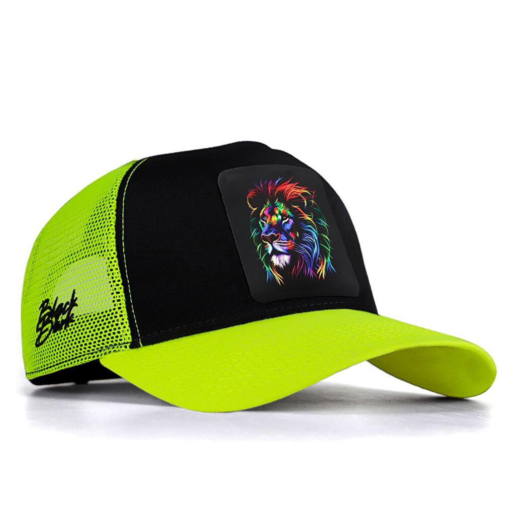 V1 Trucker Lion - Unisex Neon Peaked Neon-Black Hat (Cap) with 7 Code Logo