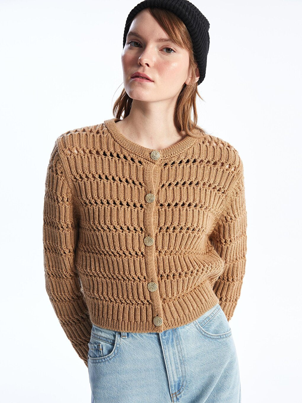 Rimine - Knitted Detailed Soft Textured Regular Fit Buttoned Knitted Cardigan - Brown Color