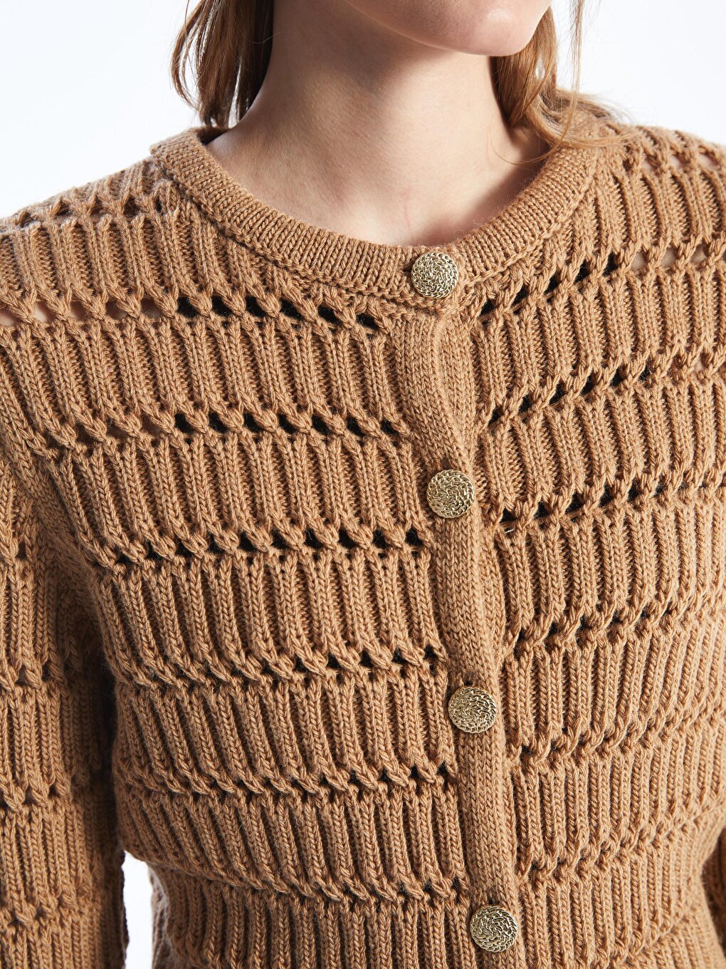 Rimine - Knitted Detailed Soft Textured Regular Fit Buttoned Knitted Cardigan - Brown Color