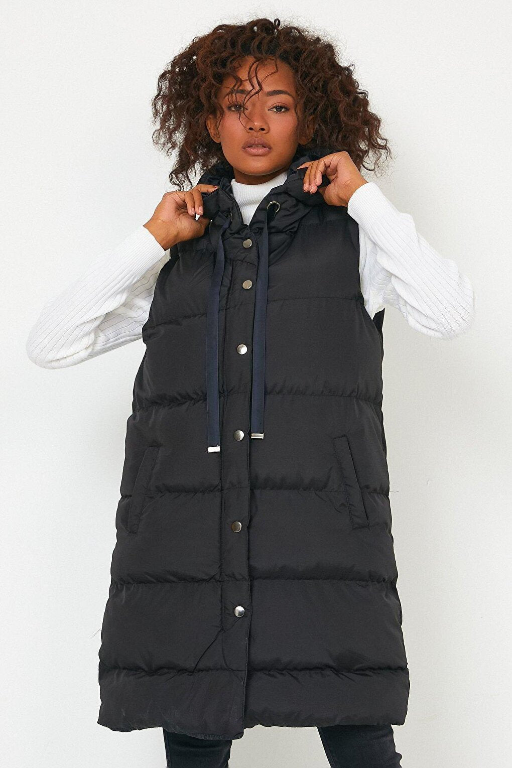 Hooded Long Down Vest with Pockets AC-K59138LNW