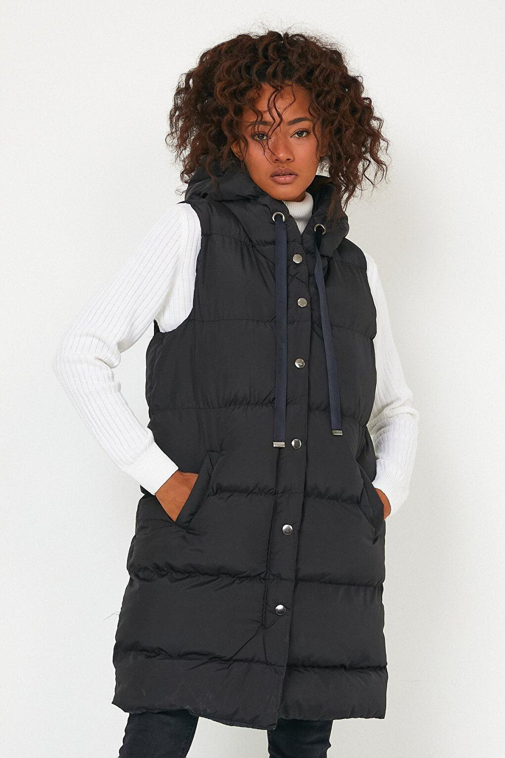 Hooded Long Down Vest with Pockets AC-K59138LNW