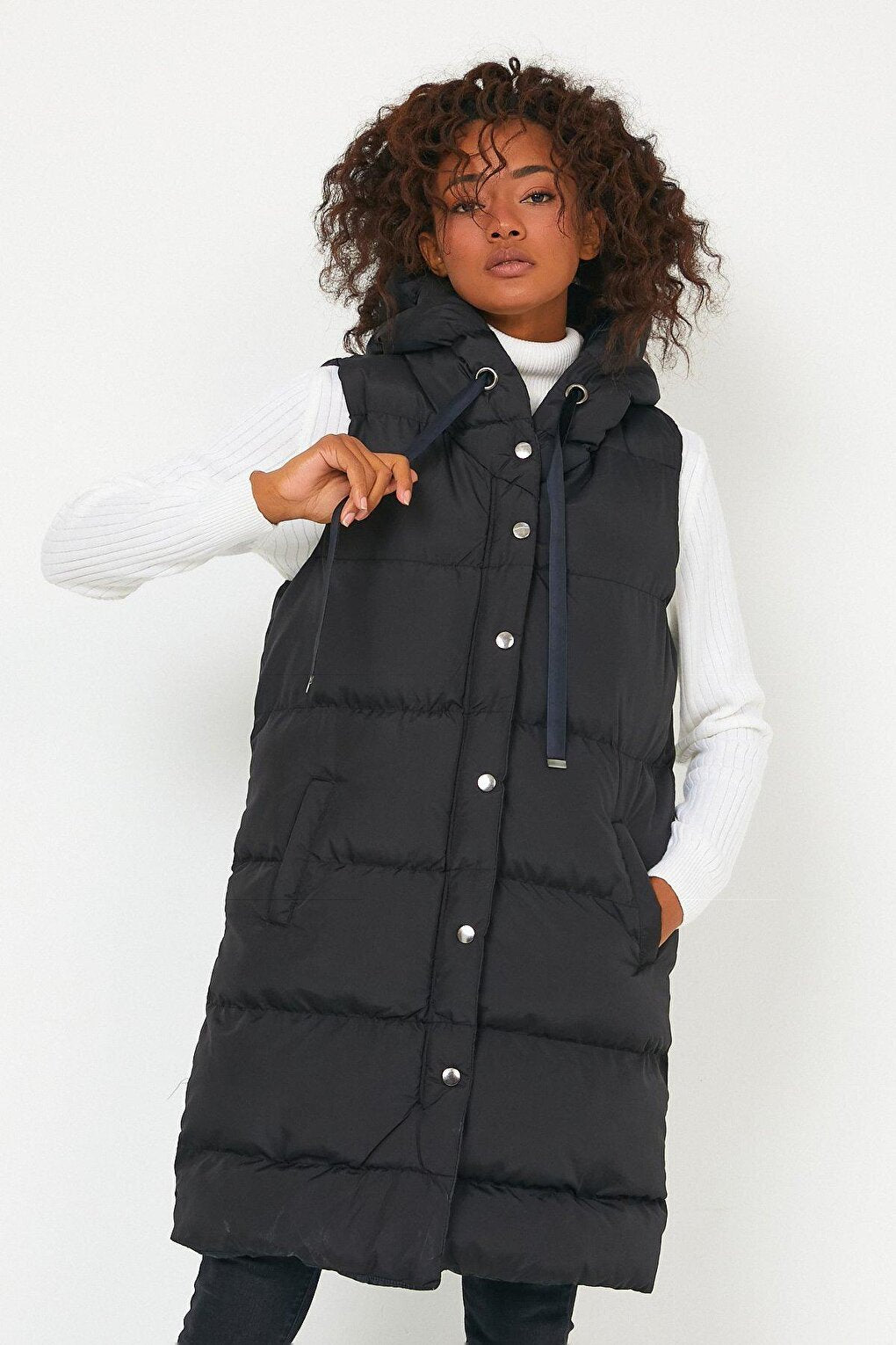 Hooded Long Down Vest with Pockets AC-K59138LNW