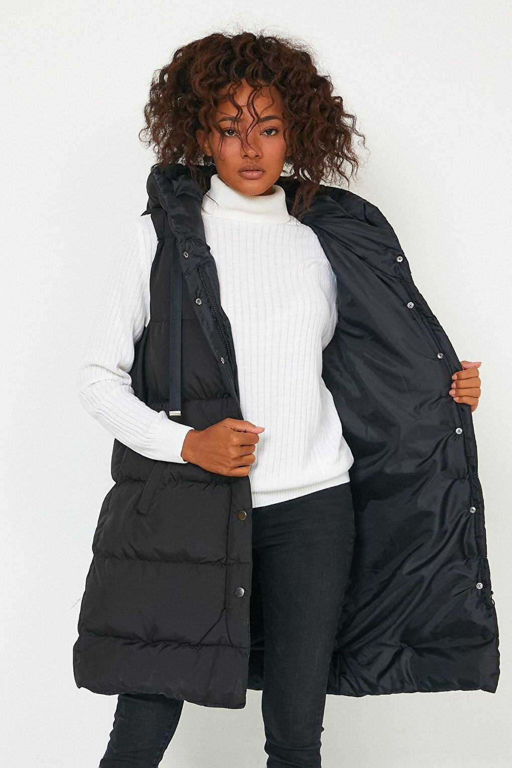 Hooded Long Down Vest with Pockets AC-K59138LNW