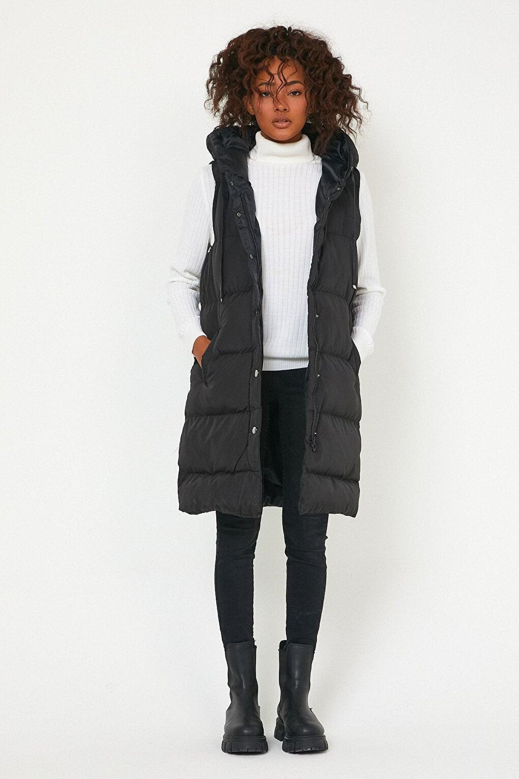 Hooded Long Down Vest with Pockets AC-K59138LNW