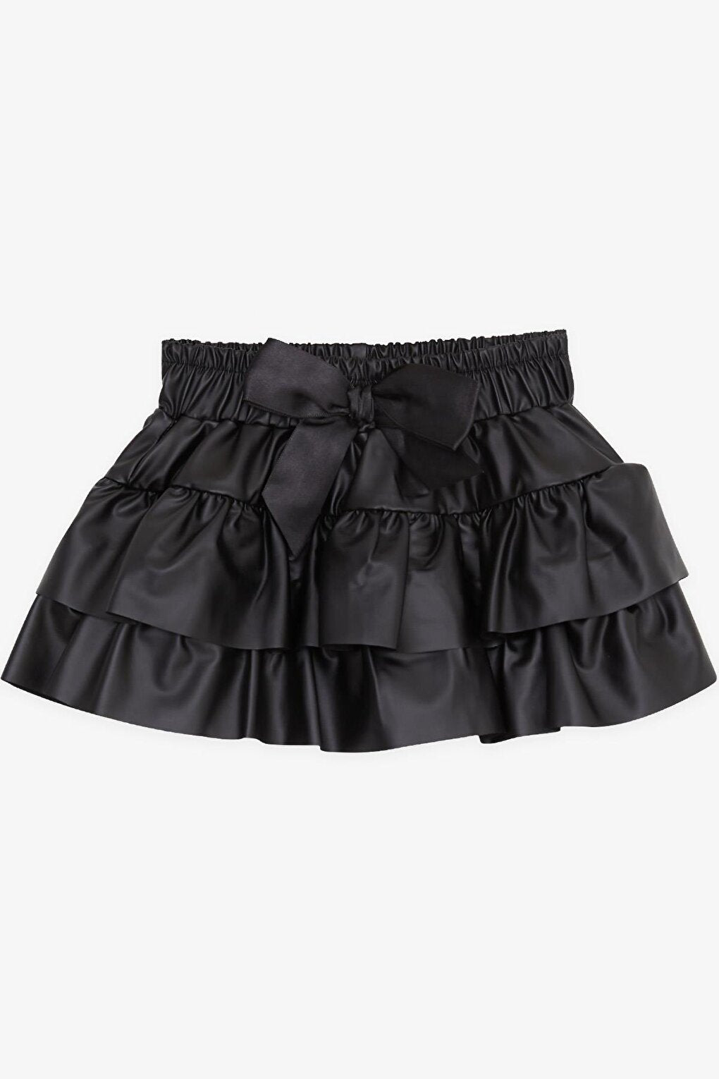 Girl's Leather Skirt Layered Ruffles and Bow, Black (Age 3-7)