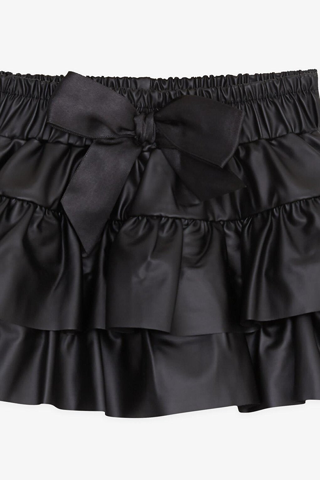 Girl's Leather Skirt Layered Ruffles and Bow, Black (Age 3)