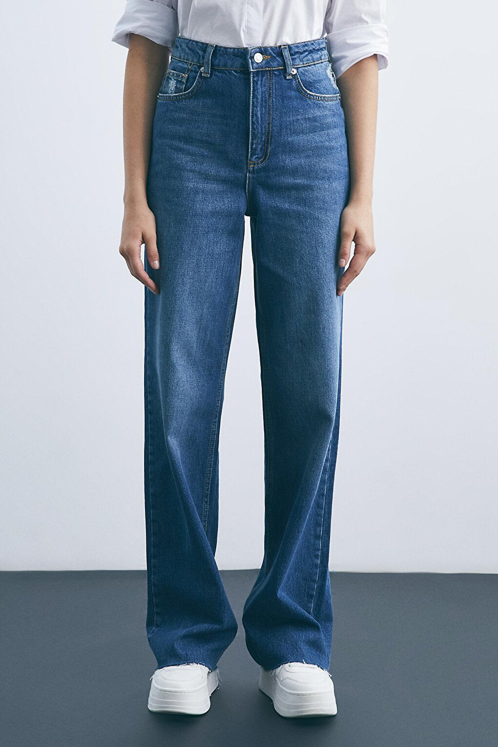 Dark Blue High Waist Wide Leg Denim Trousers