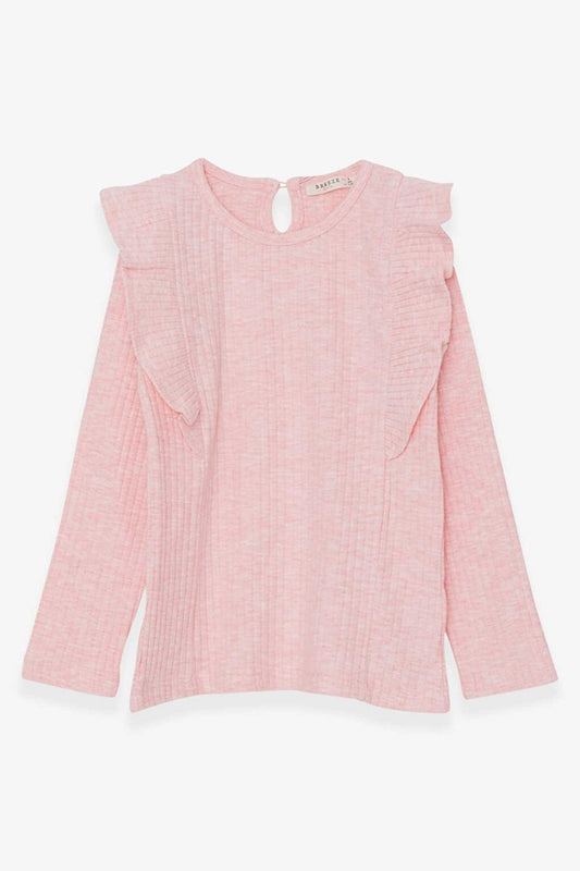 Girl's Long Sleeve Blouse Ruffled Shoulder Salmon Melange (6-12 Years)