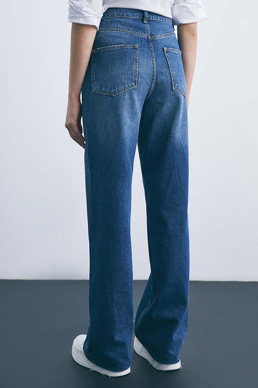 Dark Blue High Waist Wide Leg Denim Trousers