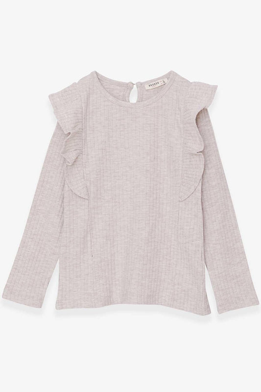 Girl's Long Sleeve Blouse Ruffle Shoulder Beige Melange (6-12 Years)