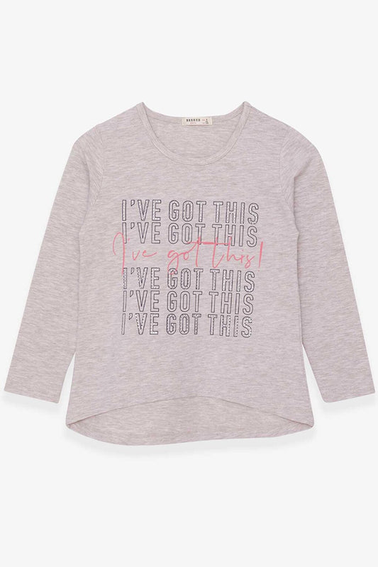 Girl's Long Sleeve T-Shirt Stone Text Printed Beige Melange (6-12 Years)