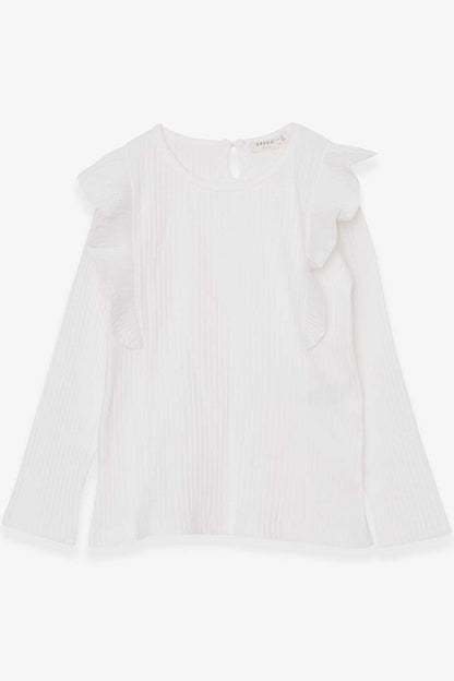 Girl's Long Sleeve Blouse Ruffle Shoulder White (6-12 Years)