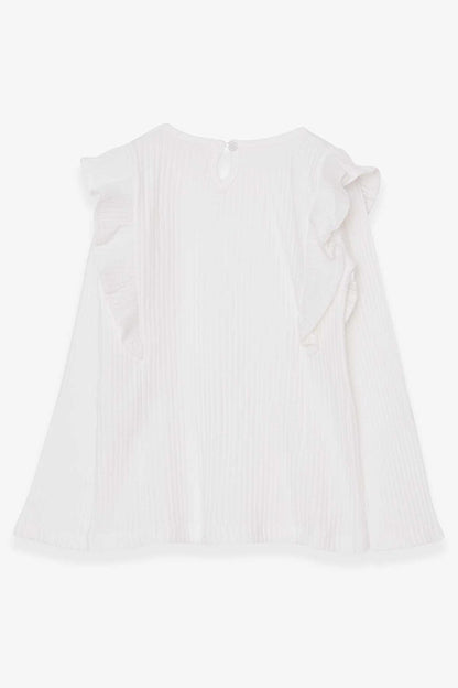 Girl's Long Sleeve Blouse Ruffle Shoulder White (6-12 Years)