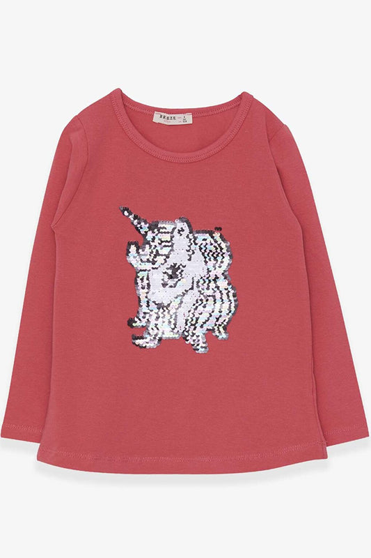 Girl's Long Sleeve T-Shirt Sequined Unicorn Dried Rose (4-8 Years)