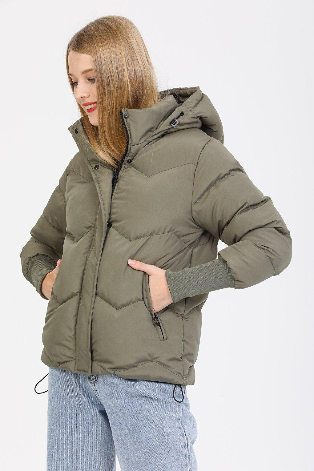 Hooded Long Rib Detailed Puffer Coat AD-K50423LNW